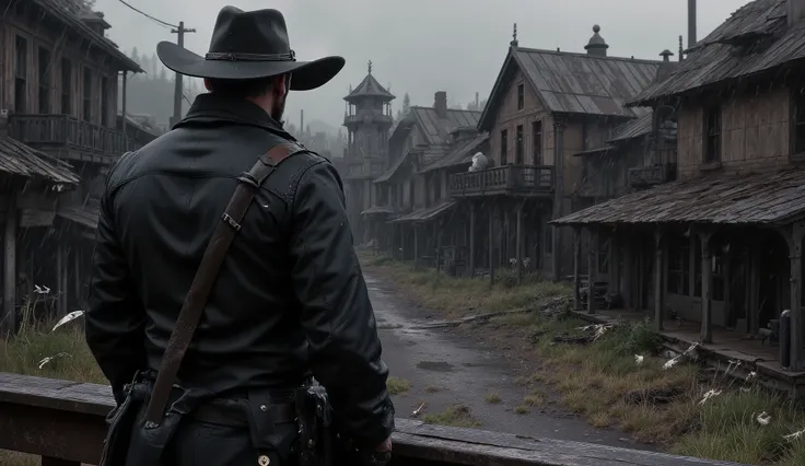 (A cowboy) looking out over an old western town, (old western) scene, (dark, ominous) atmosphere, (dramatic, surreal) lighting, (high contrast, strong shadows), (gritty, detailed) textures, (black and white, monochrome) color palette, (fine art, illustrati...