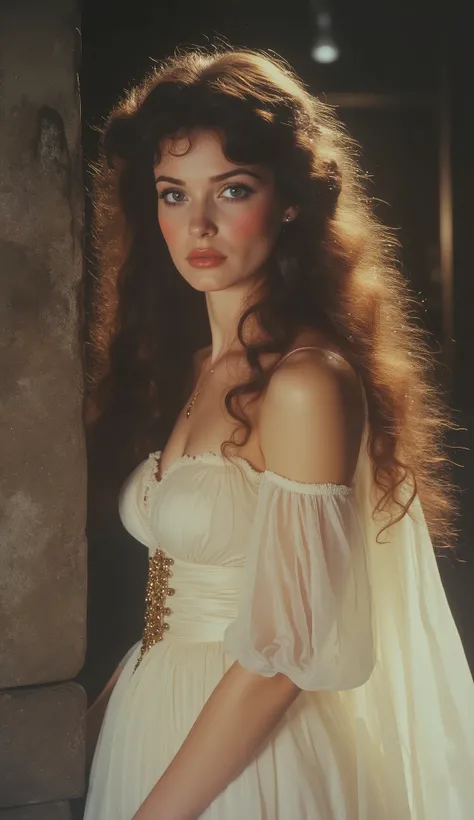1980 film still, 21 year old female, long curly brown hair, blue eyes, white dress, medium shot, grainy effect