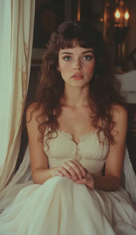1980 film still, 21 year old female, long curly brown hair, blue eyes, white dress, medium shot, grainy effect
