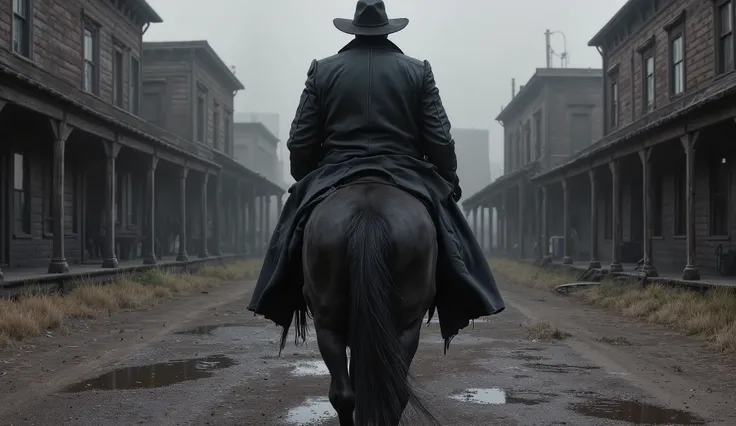 Ultra-realistic over-the-shoulder shot of a gunman riding a powerful black horse toward an abandoned, fog-shrouded Wild West town. The camera pans slightly above and behind the rider, showing his broad back wrapped in a gorgeous dark leather overcoat, and ...
