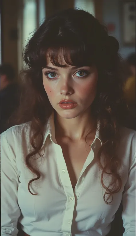 1980 film still, 21 year old female, long curly brown hair, blue eyes, white shirt, medium shot, grainy effect