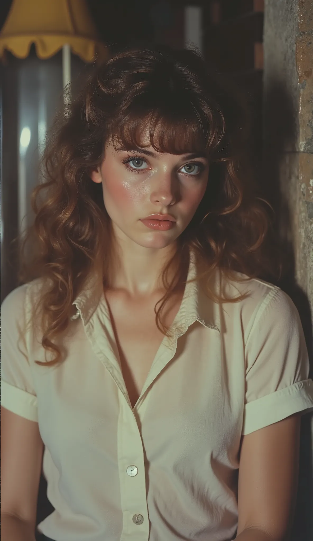 1980 film still, 21 year old female, long curly brown hair, blue eyes, white shirt, medium shot, grainy effect