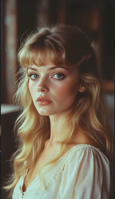 1980 film still, 21 year old female, long straight blonde hair, green eyes, white dess, medium shot, grainy effect