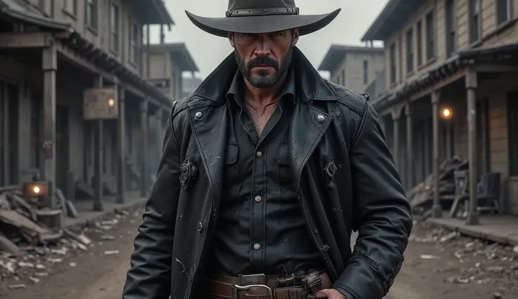 "Ultra-realistic cinematic shot of an imposing gunman named JCK-RUDE walking down the main street of a ruined Old West town. Captured from behind and slightly to the side, the camera focuses on his partially turned face — weathered, intense, with stubble a...