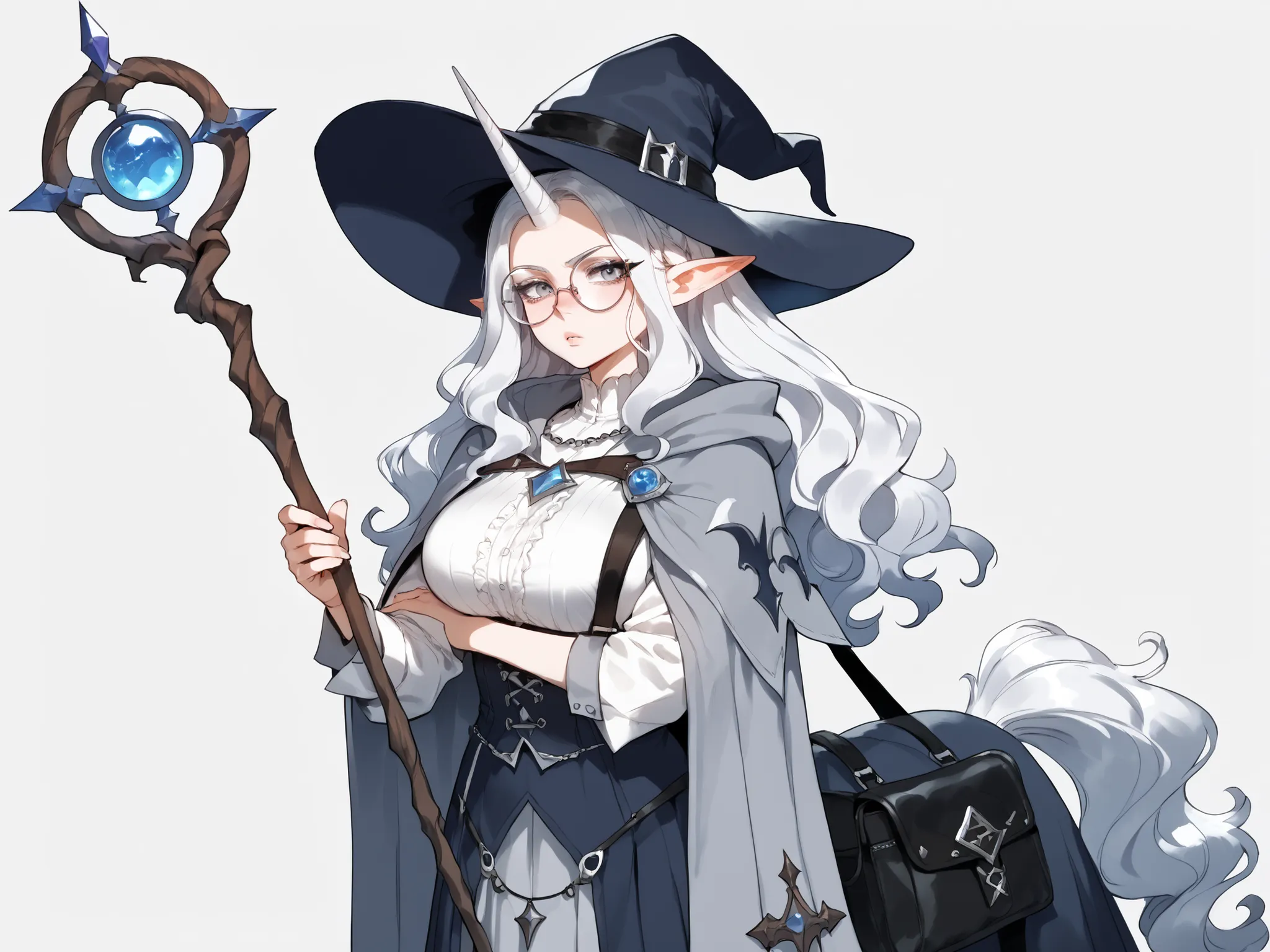 1girl, centaur, four legs, horse tail, unicorn horn, portrait, full body, horse lower part of the body, white fur on horse part, horn on forehead, white hair, long hair, wavy hair, luxurious hair, grey eyes, neutral expression, uninterested, dark-grey back...