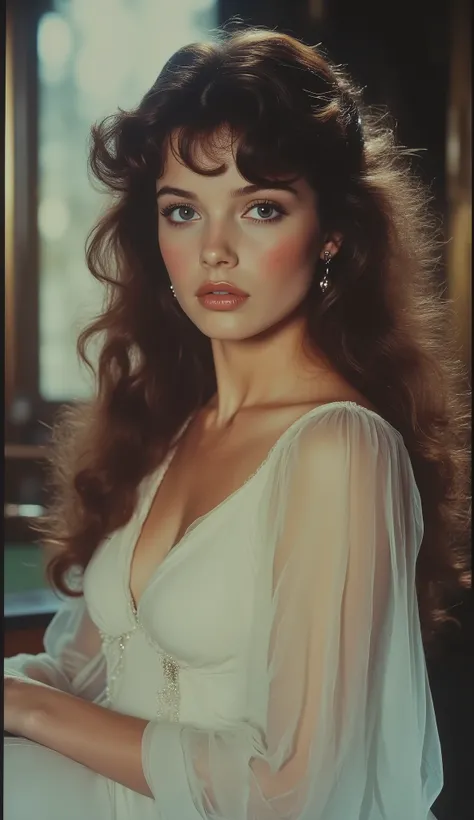 1980 film still, 21 year old female, long curly brown hair, blue eyes, white dress, medium shot, grainy effect