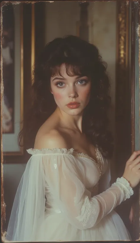 1980 film still, 21 year old female, long curly brown hair, blue eyes, white dress, medium shot, grainy effect
