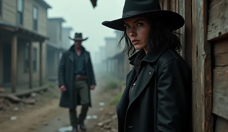 "Ultra-realistic cinematic scene set in a fog-covered, ruined Old West town. A dark, mysterious woman stands partially hidden in the shadows of a crooked wooden shack, whispering softly as she watches the imposing figure of JCK-RUDE walk by. Her face is pa...