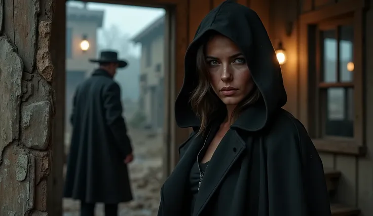 "Ultra-realistic cinematic shot set in a ruined, fog-drenched Old West town. A dark, enigmatic woman cloaked in black stands in the shadows of a crooked wooden shack, partially hidden behind a broken doorway. Her face is pale, eyes sharp and intense, whisp...