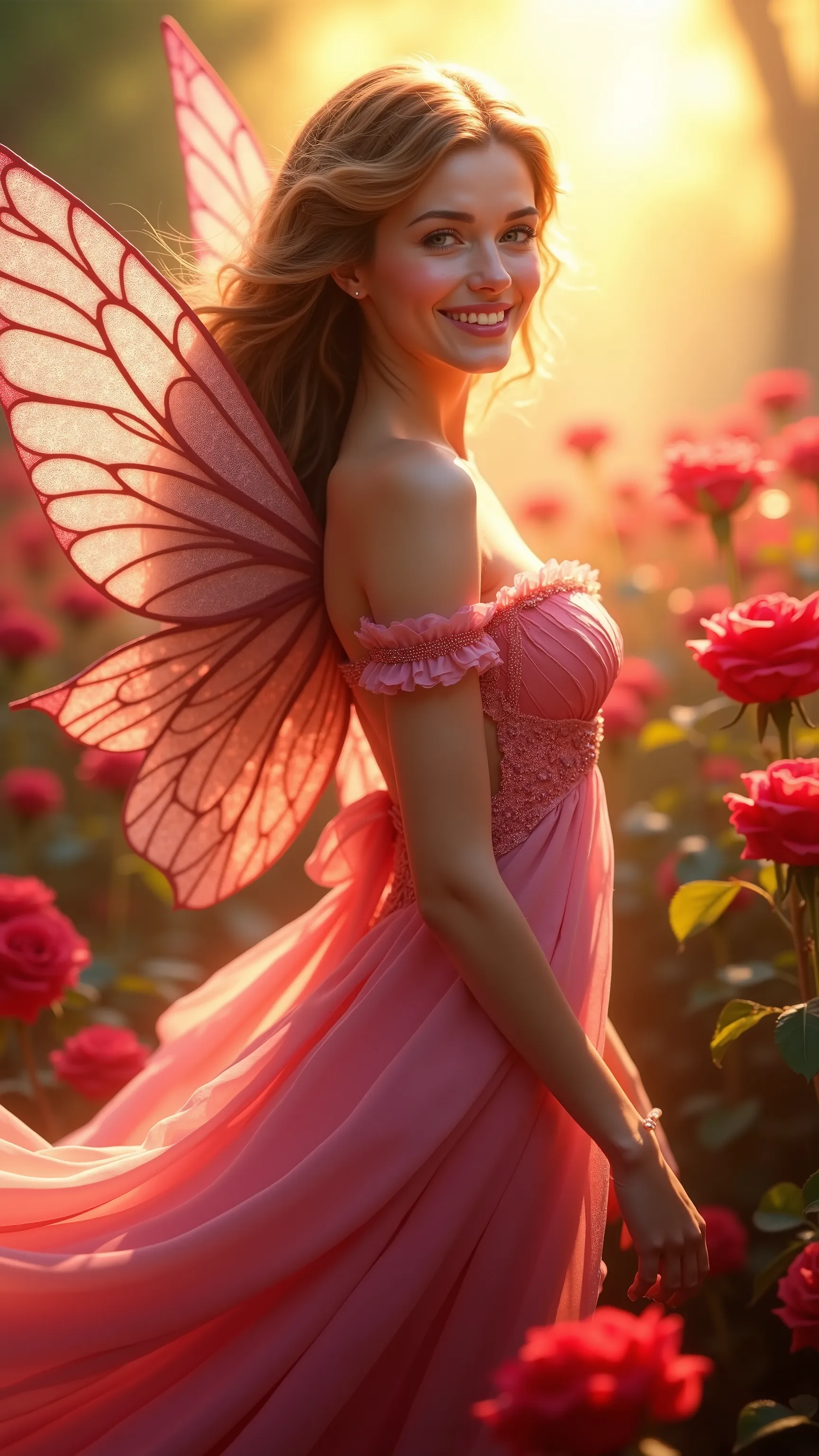 highdefinition images、Rose Fairy、in the red rose garden、赤いバラ園で、全身highdefinition images、beautiful woman in a pink dress {x} smiling in the bright sunshine。
