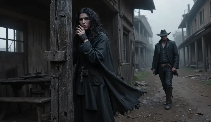 "Ultra-realistic cinematic scene set in a fog-covered, ruined Old West town. A dark, mysterious woman stands partially hidden in the shadows of a crooked wooden shack, whispering softly as she watches the imposing figure of JCK-RUDE walk by. Her face is pa...