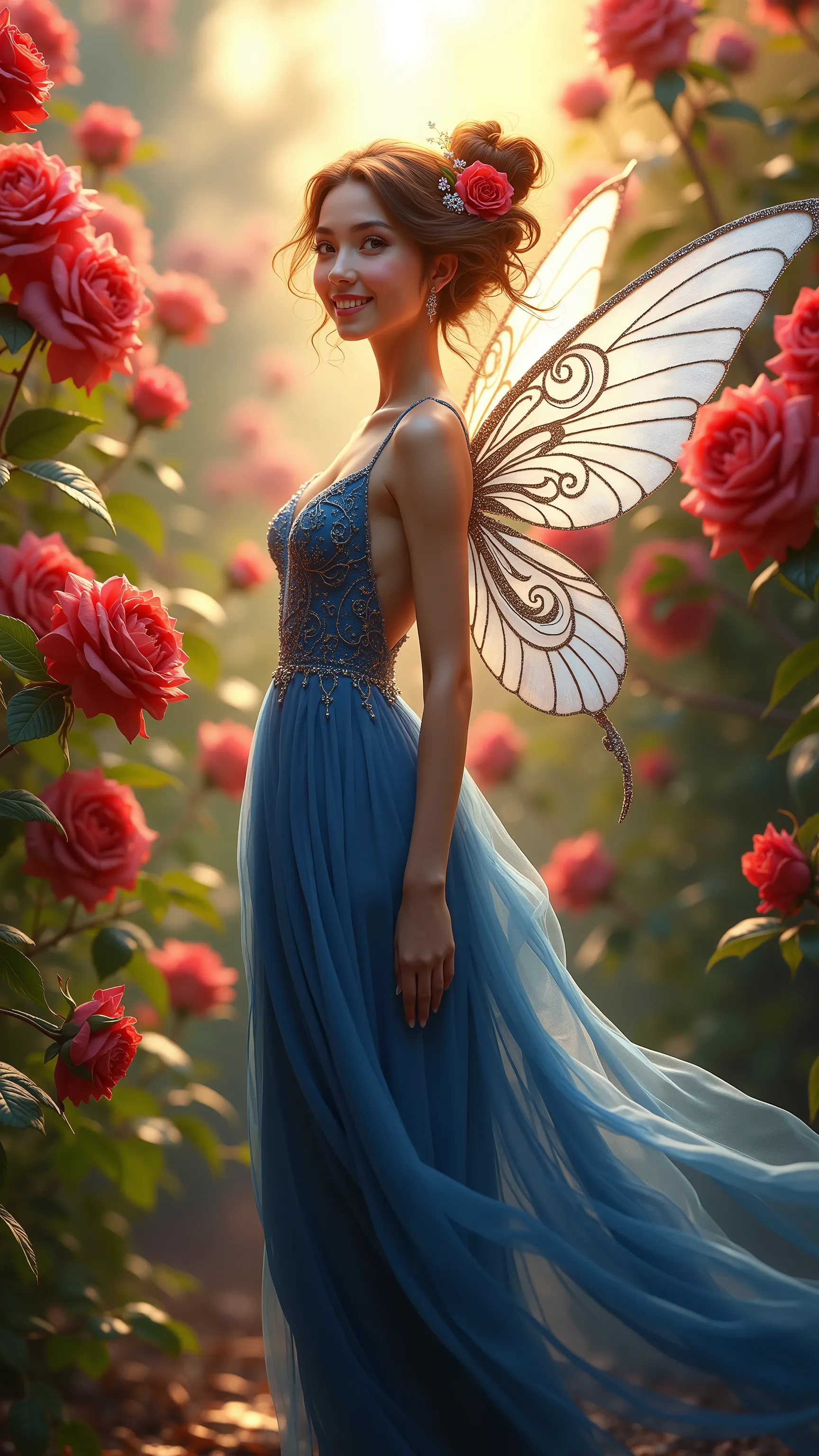 highdefinition images、Rose Fairy、in the red rose garden、赤いバラ園で、全身highdefinition images、beautiful woman in a 紺色の dress {x} smiling in the bright sunshine。