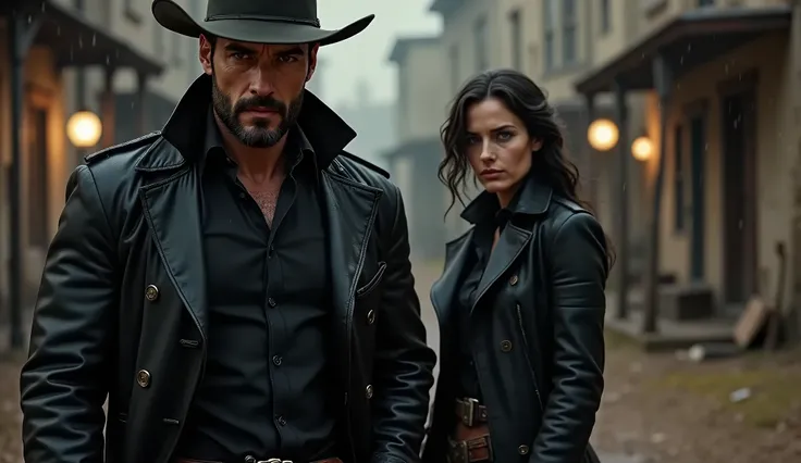 "Ultra-realistic cinematic moment in a ruined Old West town: JCK-RUDE, soaked in rain and silence, suddenly stops in the middle of the muddy street. The camera captures him from the front in close focus, his intense eyes locking with a dark woman who steps...
