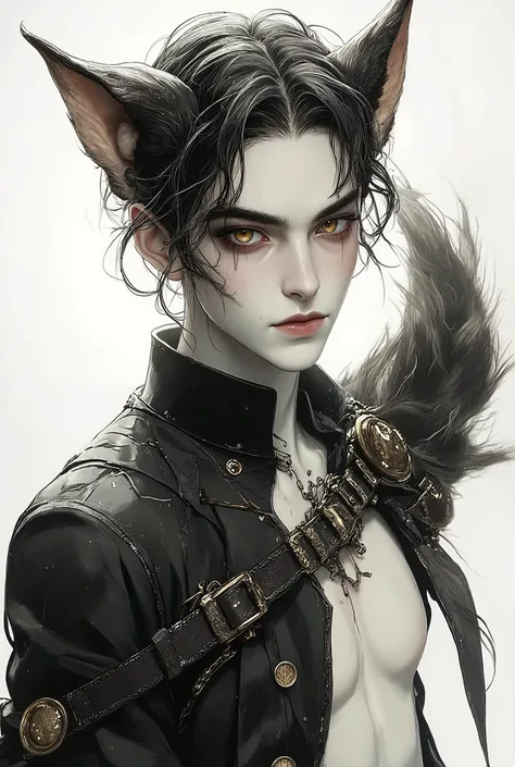one man 1:80 tall + short black hair + hands with large fingers without visible veins+very white skin color + lightly muscular body+brown eyes+has a dog's tail + has dog's ears.