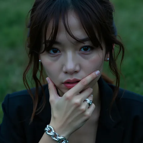 "A close-up portrait of a young woman outdoors on a cloudy day, with wet, tousled brown hair falling over her face. She has light skin, dark expressive eyes, thick eyebrows, and slightly parted lips. Her hand gently touches her chin and lips, wearing minim...