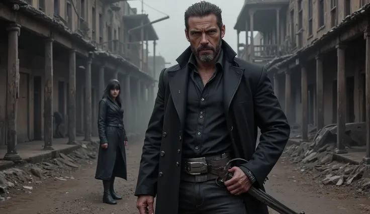"Ultra-realistic cinematic scene of JCK-RUDE standing in the middle of a fog-drenched, ruined Old West street, moments after hearing the woman's whisper. The camera captures a medium shot from the front: his face intense, changed, with a fire behind his ey...