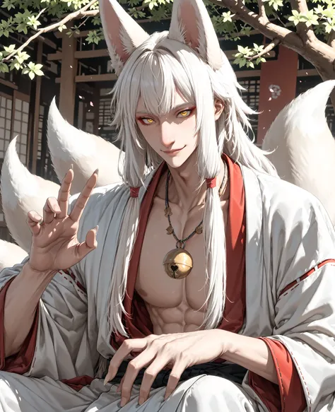 !solo, (((detailed face))) High quality, anime style, bishounen, ((((5 fingers per hand)))), kitsune, (((detailed face))) (((handsome))) (((japanese man))), (((((detailed big japanese eyes))))), (yellow eyes), ((round face)) wide cheekbones and square jaw,...