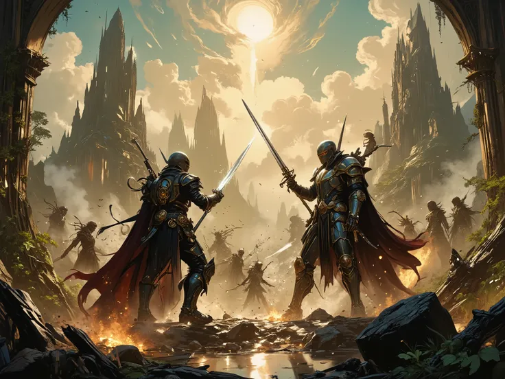 Battle scene, fantasy, fight between knights of light and cat girls