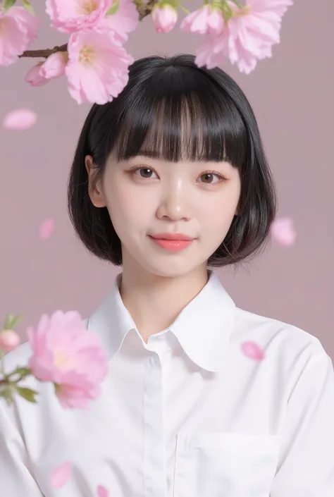 white shirts，solo，surrounded by cherry blossoms in full bloom，white skin，Sakura Fubuki，