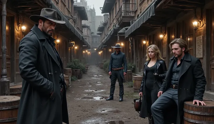 "Ultra-realistic cinematic scene in a decaying Old West town: a filthy, narrow side street off the main road reveals the underbelly of the broken city. Thieves lurk in the shadows, whispering and exchanging stolen goods beneath torn awnings. Nearby, prosti...