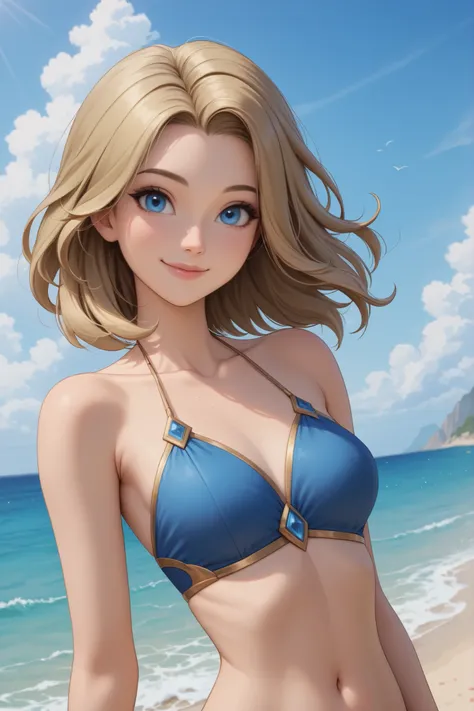 1girl, young, cute, by the sea, at the beach, dark blonde, medium hair, longer hair, blue eyes, water mage clothing, slim fit belly, slim body, bigger chest, smiling, closed mouth, lips, best quality, masterpiece