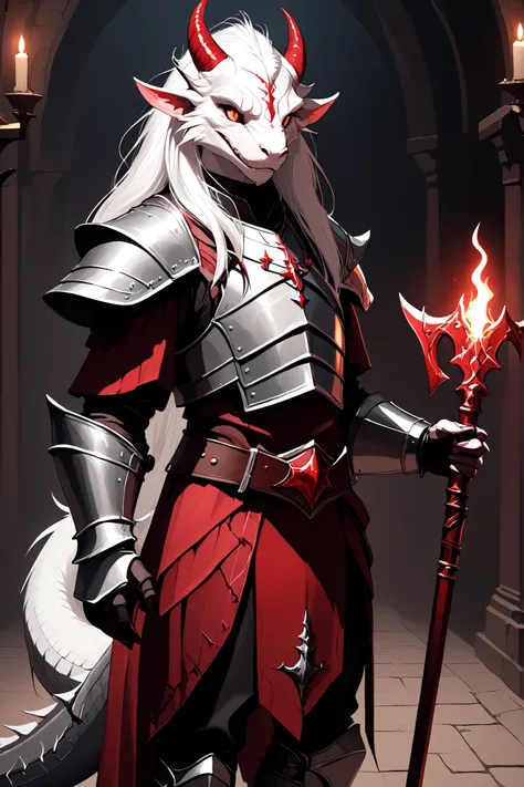 fictional mature young demon king furry antropomorphic bloody-red skin and long white hair demonic lizard in a gorgeous dark medieval style, using a shining plate armor and holding a long spear