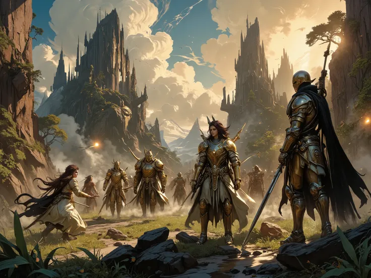 Battle scene, fantasy, fight between knights of light and cat girls