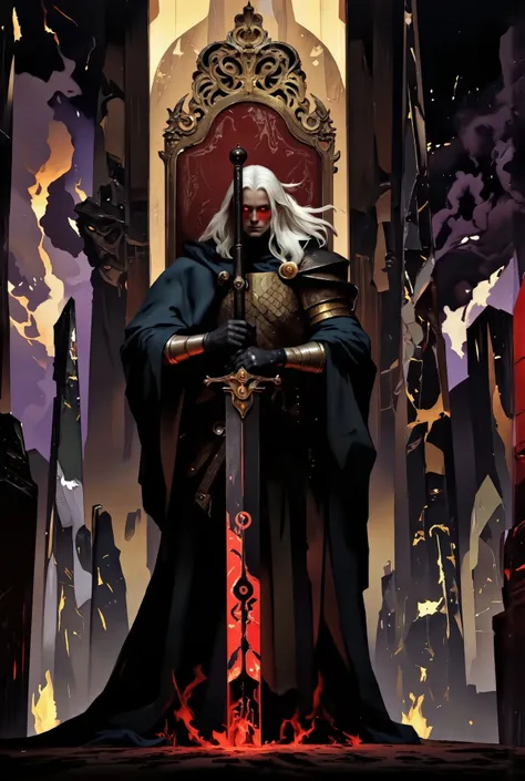 Elric VIII, 428th Emperor of Melniboné, stands tall in ornate bronze scale mail, milk-white hair flowing, deep blood-red eyes burning with intelligence, holding the 5-foot black blade Stormbringer, adorned with glowing red sigils, amidst a crystal palace ...
