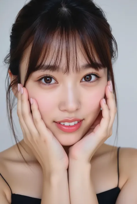 extreme close-up portrait, beautiful girl with her love-struck, radiant face filling the entire frame (95% face ratio), gently placing both open hands on her flushed cheeks with soft fingers, soft black camisole, white blurred background, eyes dreamy and h...