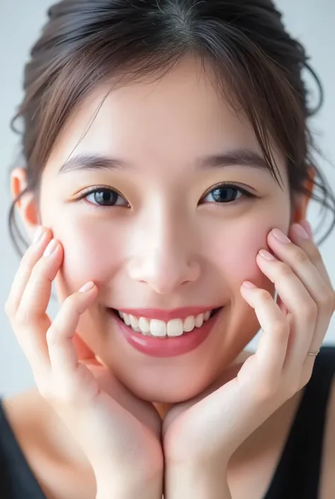 extreme close-up portrait, beautiful girl with her love-struck, radiant face filling the entire frame (95% face ratio), gently placing both open hands on her flushed cheeks with soft fingers, soft black camisole, white blurred background, eyes dreamy and h...