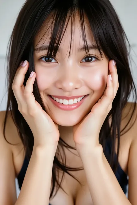 extreme close-up portrait, beautiful girl with her love-struck, radiant face filling the entire frame (95% face ratio), gently placing both open hands on her flushed cheeks with soft fingers, soft black camisole, white blurred background, eyes dreamy and h...