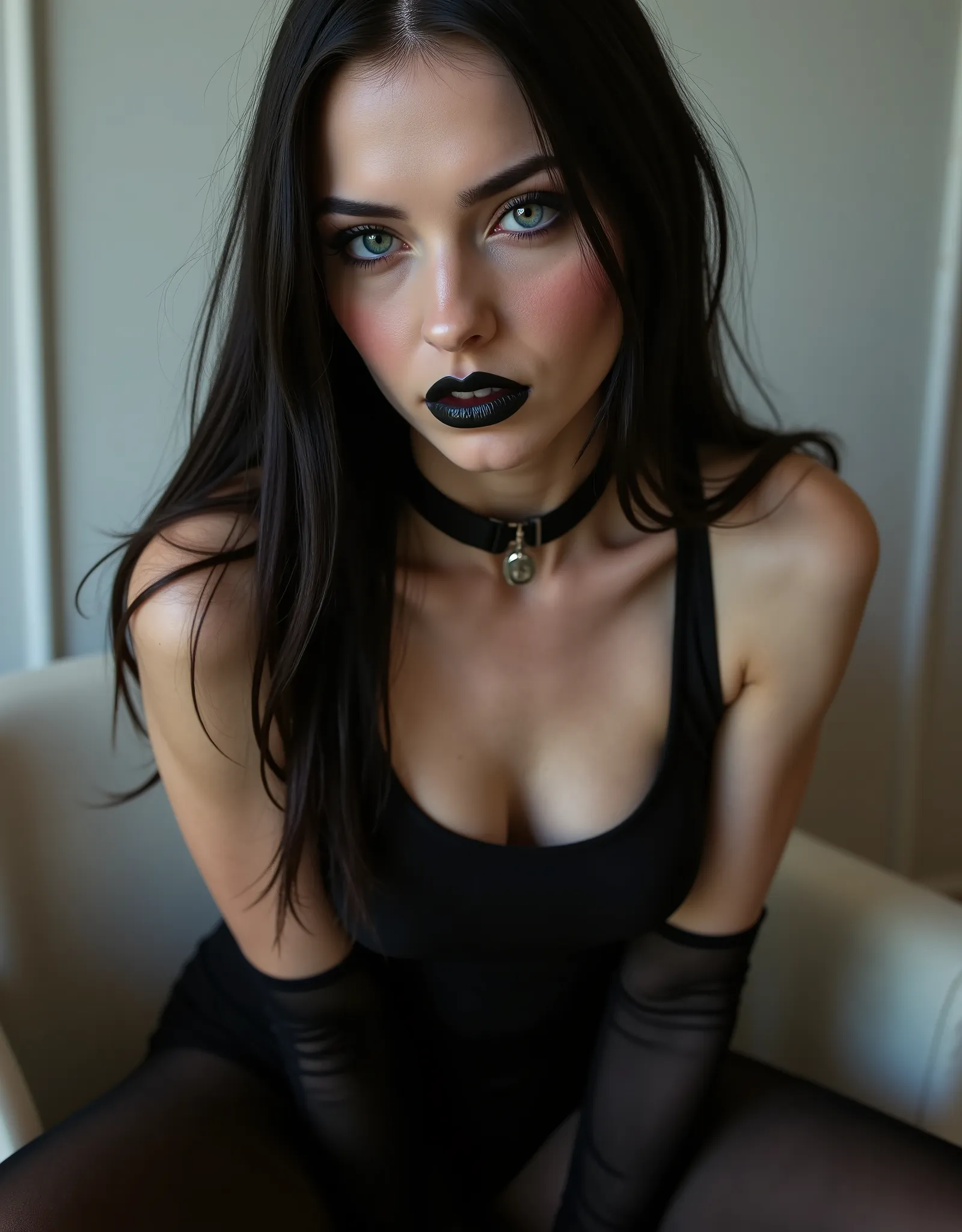 Handsome young skinny female, with very long slick wet black hair, teal blue eyes, long lashes, and white and pale skin. smooth. (((masterpiece))). Delicate and perfect facial features. No body or facial hair. Wearing black very tight and shiny clothes. Se...
