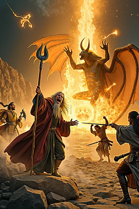 A scene from the Book of the Lord of the Rings, shows a wizard like Gandalf with a magic staff screaming and fighting against a Balrog who throws fire and a warrior with his axe and an elf shooting an arrow