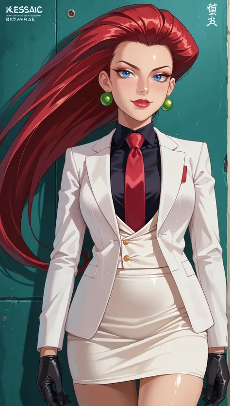 score_9, score_8_up,score_7_up, source_anime, 1girl, solo, looking at looking at viewer, high quality,  EPpkJessie, long hair, blue eyes, (((adult))), red hair, hair slicked back, close up, portrait, shoulders up, face focus, white jacket, earrings, black ...