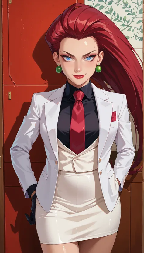 score_9, score_8_up,score_7_up, source_anime, 1girl, solo, looking at looking at viewer, high quality,  EPpkJessie, long hair, blue eyes, (((adult))), red hair, hair slicked back, close up, portrait, shoulders up, face focus, white jacket, earrings, black ...