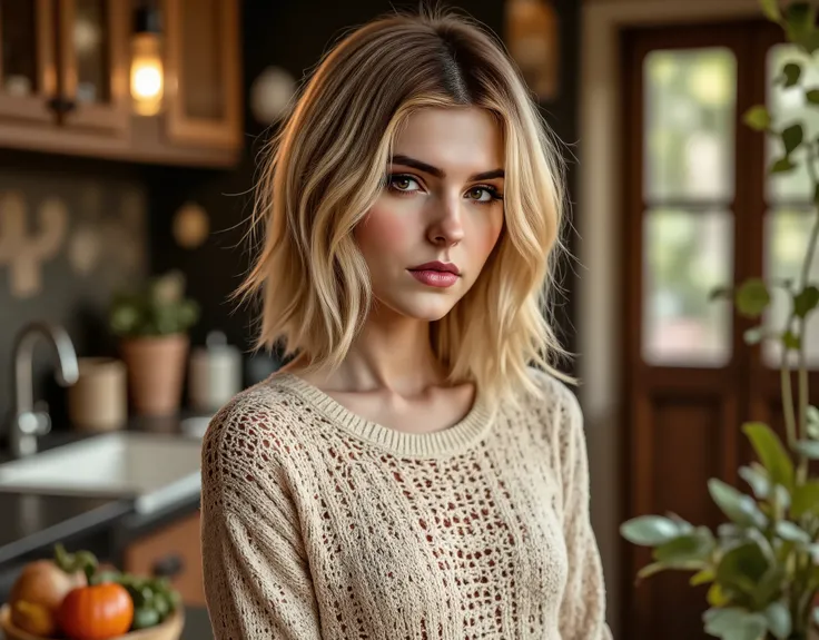 woman wearing a araf sweater, long blonde hair, kitchen