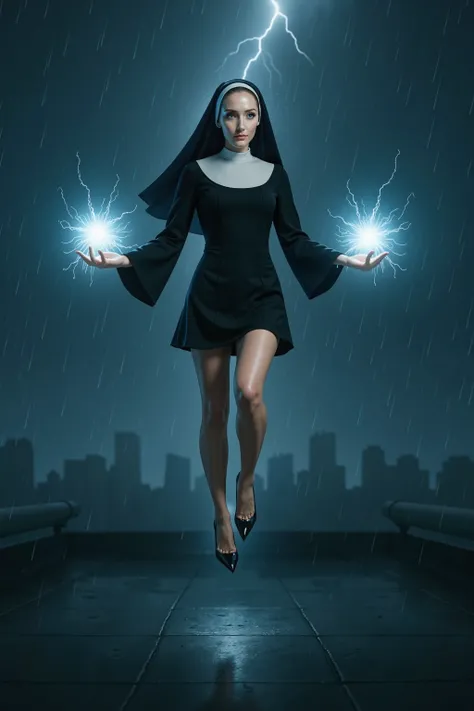 Create image shot from the distance, full body shot of a determined woman with light skin (not too pale), levitating above a rain-soaked rooftop at night. She wears a modern, short black dress inspired by a religious habit, with long flared sleeves and a w...