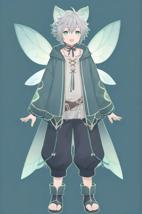 full body、upright、 Arms on Both Sides 、with meteors、simple background、Highest Quality、only 1 male、open your mouth、 deep green eyes、Fairy Ears、grey hair、Wolfhair、Casual Outfit、smile、 small