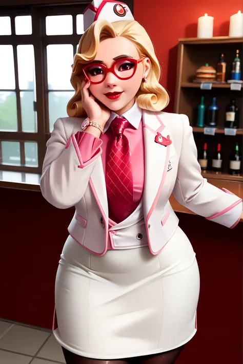 score_9, score_8_up, score_7_up, 1girl, sprinkles mei, mei (overwatch), three-piece suit, 1girl, solo, blonde hair, glasses, sprinkles mei, smile, pretty, formal, jewelry, (((white skirt suit))), (((red silk necktie))), earrings, (((white jacket))), (((pi...