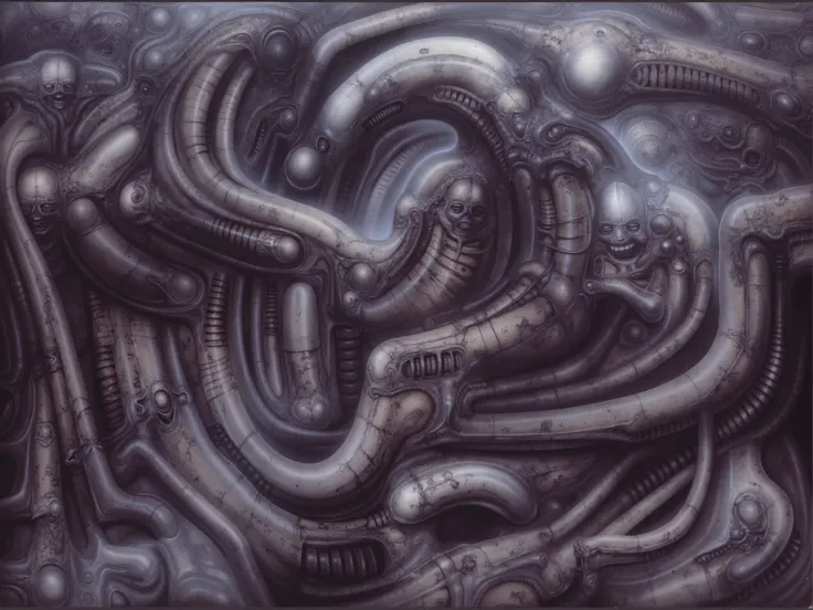 A dark, biomechanical landscape filled with interwoven, elongated, organic and metallic forms, inspired by the surreal and nightmarish style of H.R. Giger. The scene is densely packed with tubular, serpentine structures that resemble a fusion of alien exo...
