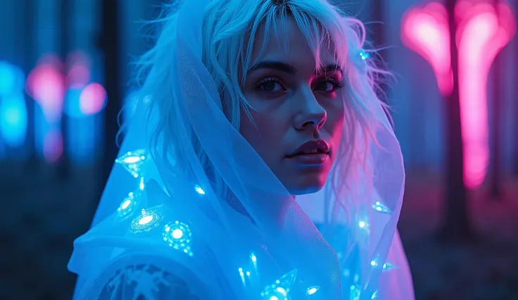 Hyper-realistic, photorealistic, maximum detail, masterpiece: beautiful Latin woman with a highly realistic, detailed face, skin with real texture, and a perfect body. She has messy white hair with blue luminescence and wears a white veil with blue lumines...