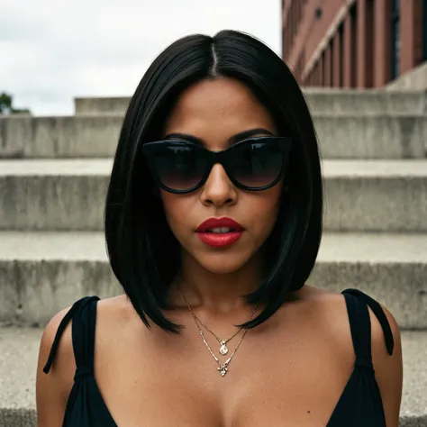 A close-up, frontal portrait of a confident woman outdoors on a cloudy afternoon. She has medium brown skin, smooth and radiant, and straight shoulder-length black hair styled neatly. Her lips are painted with bold red matte lipstick, and she wears large, ...