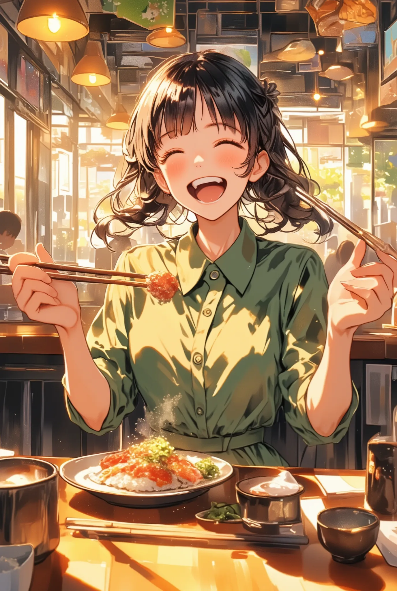 front-facing mid-angle view,
a joyful young woman with straight-cut bangs and long dark hair simply tied at the back, seated at a table in a conveyor belt sushi restaurant,
she holds chopsticks in both hands and is exploding with delight as she looks a...