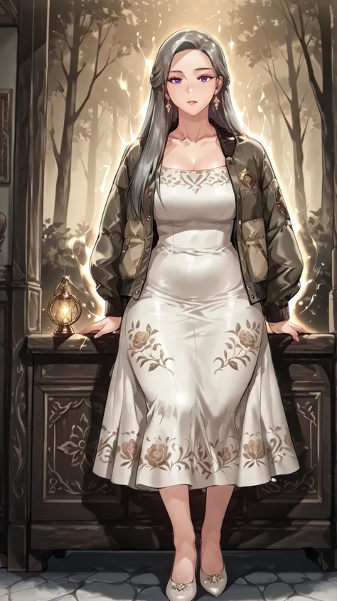 ((masterpiece)), ((best quality)), ((highres, absurdres)), (detailed), anime, 1girl, solo, full body, mature woman, stunning beauty, early 40s, youthful appearance, looks like early 30s, tall and slim figure, buxom,, balanced curves, dark grey hair, should...
