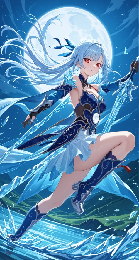nsfw,Jingliu,glass cover,side shot,alternate color,masterpiece,detailed illustration,lifelike,{{{1Jingliu}}},shiny beautiful woman,cinematic lighting,dynamic angle,dynamic pose,depth of field,looking at viewer,1girl,jgsd,red eyes,blue armored dress,white s...