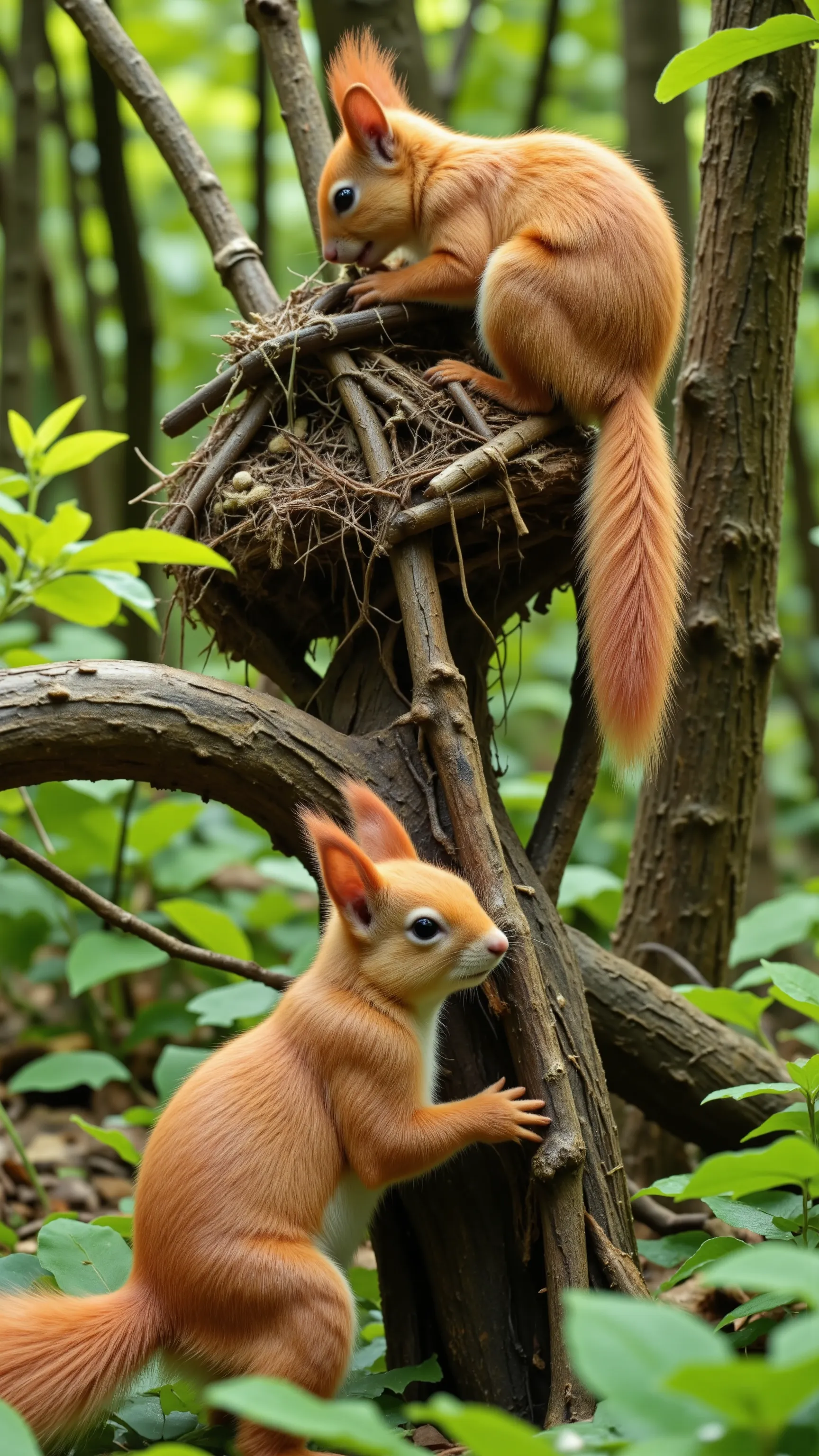 High definition images、Red squirrels、look like they build nests with tree branches, grass, etc. in the woods and eat food。