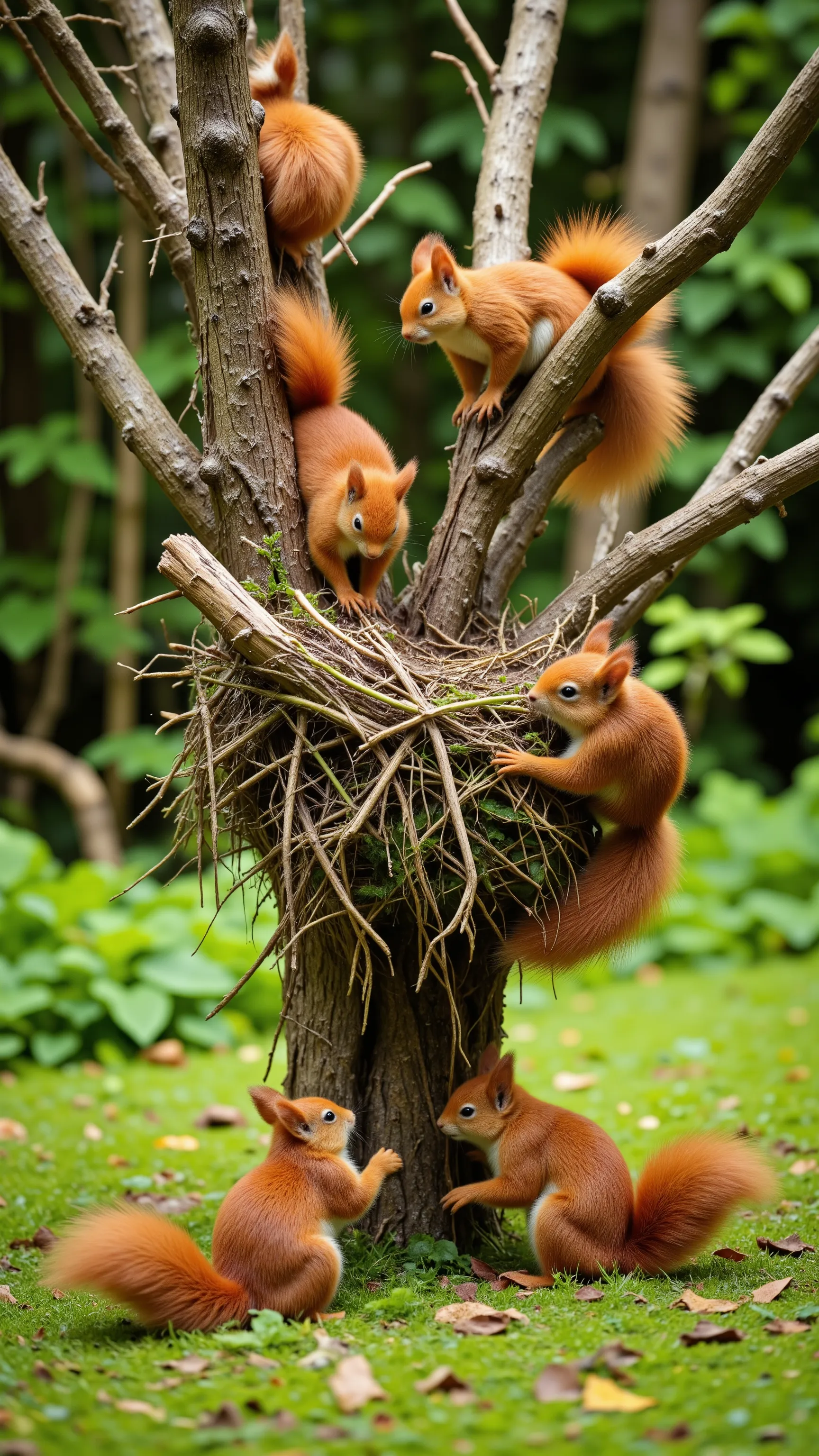 High definition images、Red squirrels、look like they build nests with tree branches, grass, etc. in the woods and eat food。