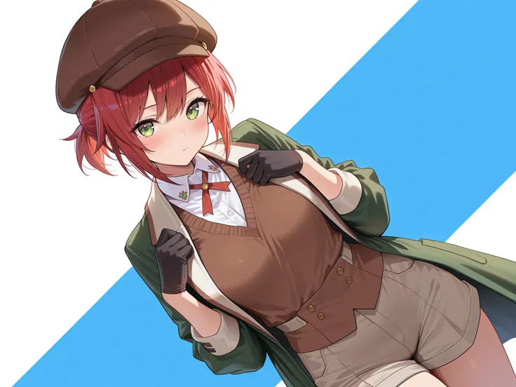 masterpiece,best quality, amazing quality, highres, absurdres, very aesthetic, high resolution, ultra detailed, perfect details,akari, red hair, short hair, bangs,Green Eyes,,,,,,newsboy hat,School uniform, beret, green coat, dress shirt, brown vest, glove...