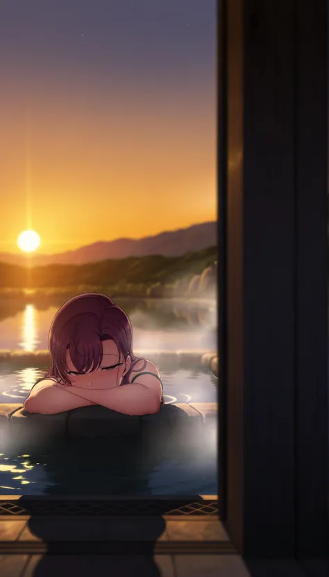masterpiece, best quality, amazing quality, very aesthetic, high resolution, Ultra-detailed, absurdres, newer, landscape,High Definition,Arm Cover, REST, depth of field, volumetric lighting,Aiue Oka,a girl in the hot springs,depth of field, imagen de High ...