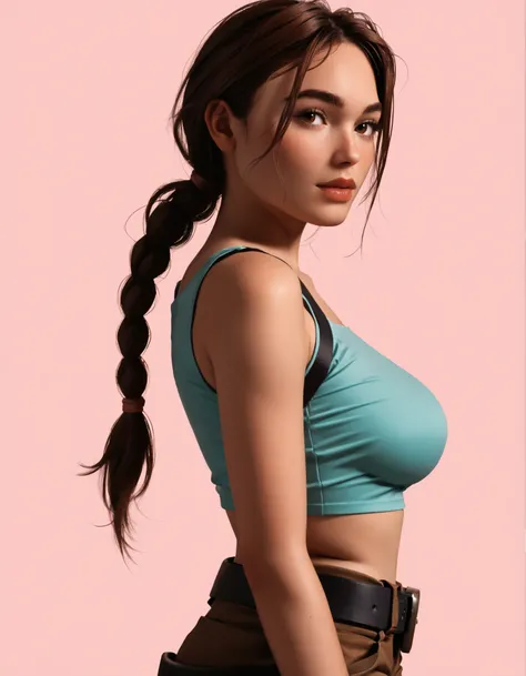 A highly detailed and stylized digital illustration of the athletic and beautiful adventurer Lara Croft, making a sexy pose with a flirty expression, wearing a teal ((low-cut)) (crop top), brown tactical shorts, black thigh holsters, black fingerless glove...